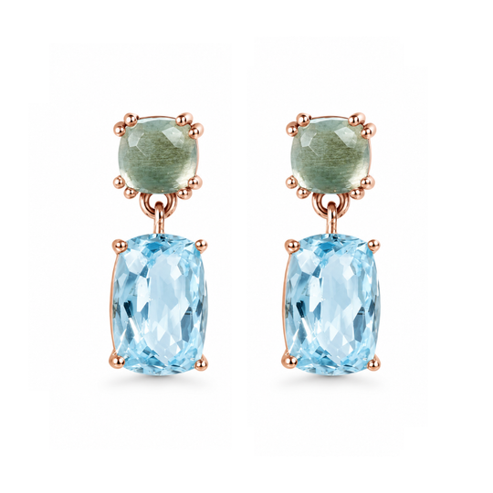 9ct Rose Gold Blue Topaz & Green Amethyst Earrings