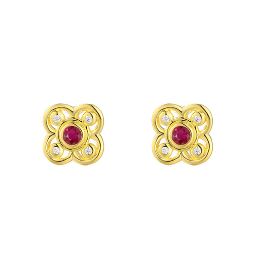 9ct Ruby & Diamond Floral Studs