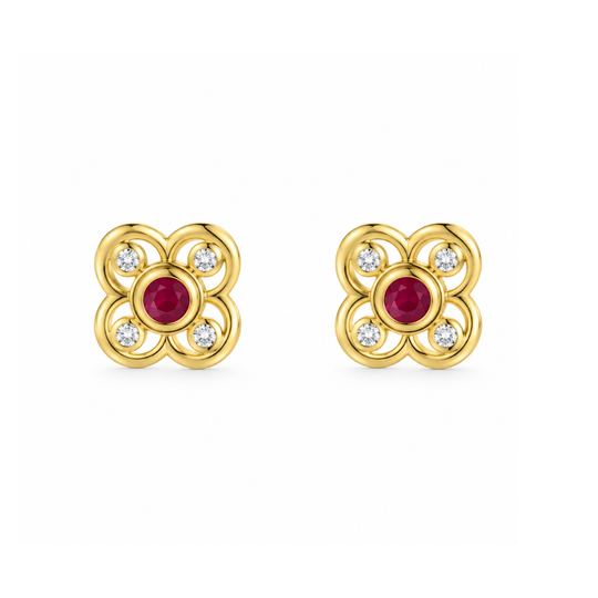 9ct Ruby & Diamond Floral Studs