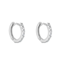 White gold hoop earrings with small diamonds on a white background