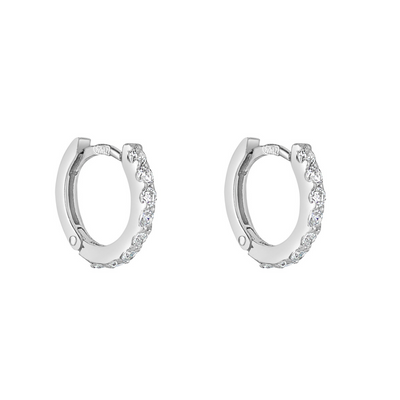 White gold hoop earrings with small diamonds on a white background
