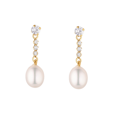Pearl earrings with gold and diamond accents on a white background