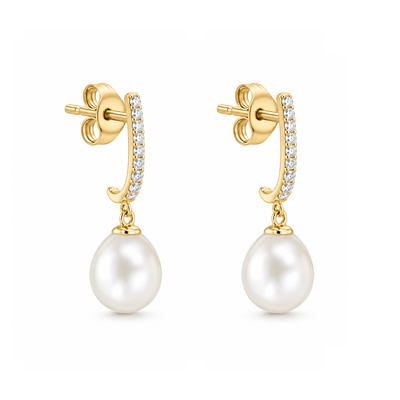 A pair of gold drop earrings with a curved post set with small clear stones and a dangling white pearl, shown on a plain white background.