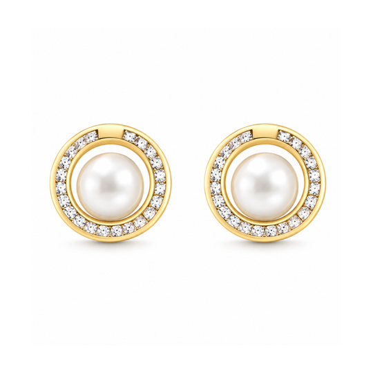 9ct Yellow Gold Pearl & CZ Stud Earrings