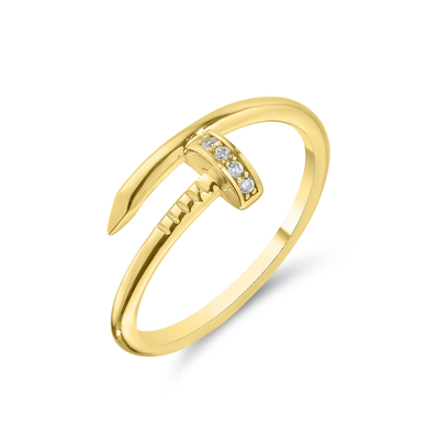 Gold ring with a unique design on a white background