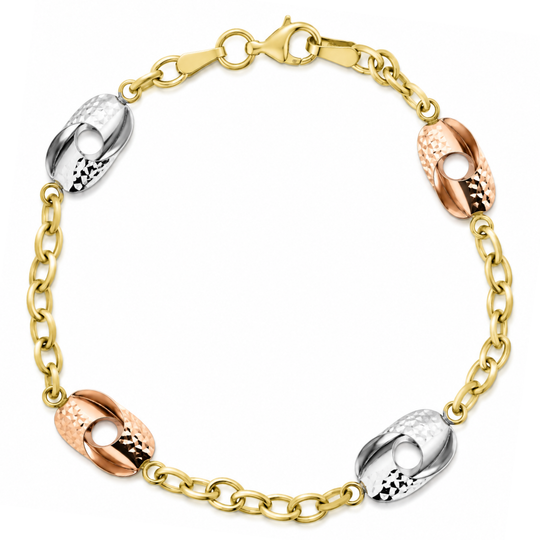 9ct Yellow White & Rose Gold Belcher Link Bracelet