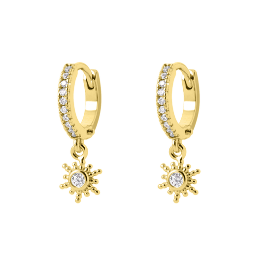Gold Sunburst Charm CZ Hoops