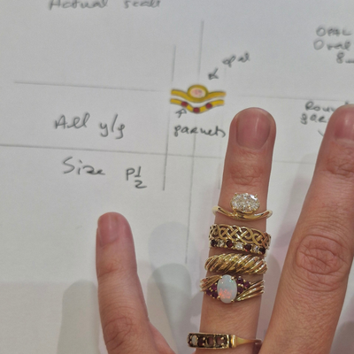 Hand wearing multiple gold rings with a background of handwritten notes and a badge.
