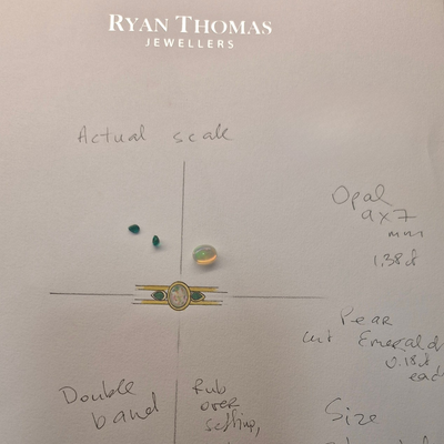 Jewelry design with opals and emeralds on a scale, branded as Ryan Thomas Jewelers.