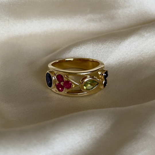 Bespoke Peridot Sapphire & Ruby Ring