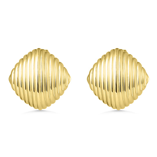 Gold Ridged Square Domed Stud Earrings