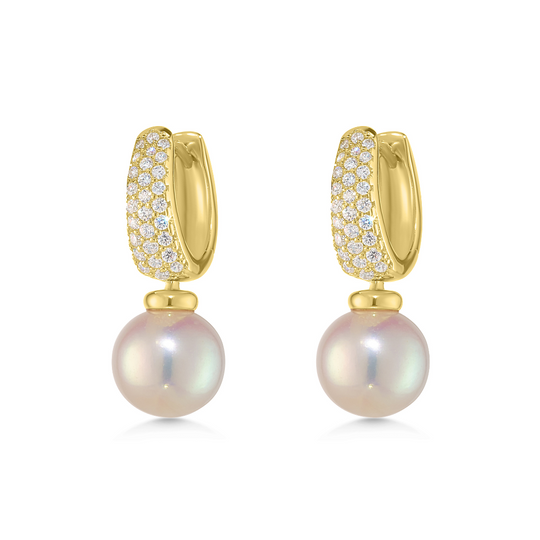14ct Yellow Gold Pearl Pavé CZ Drop Earrings