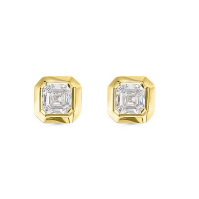 A pair of 9ct yellow gold asscher cut diamond stud earrings.