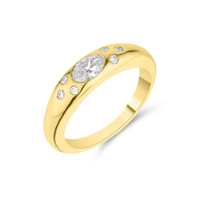Gold ring with a central diamond and smaller diamonds on a white background
