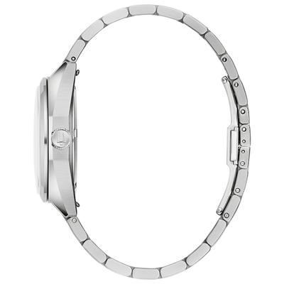 A silver stainless steel watch shown from the side profile, featuring a matching metal link bracelet and a brushed metal case on a plain white background.