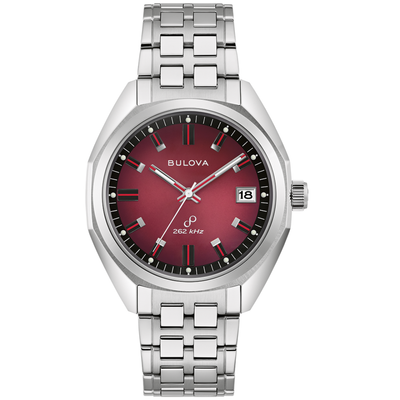 A Bulova stainless steel wristwatch with a silver-tone metal link bracelet and a deep burgundy-red dial, shown against a plain white background.