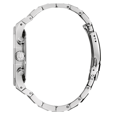 A silver stainless steel link watch band shown from the side profile against a solid white background.