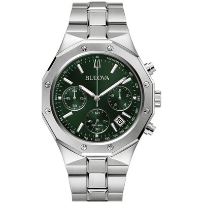 Bulova watch with green face and silver metal strap on white background