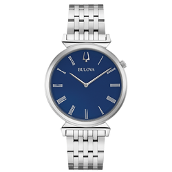 Bulova watch with blue face and silver metal strap on white background