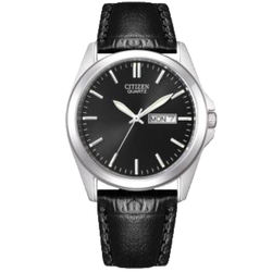 Citizen Quartz men's watch featuring a black dial, silver-tone stainless steel case, and a black leather strap with white stitching.