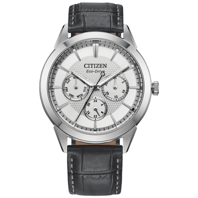 Citizen watch with black leather strap on a white background