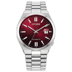 A Citizen Tsuyosa automatic watch with a red dial and silver stainless steel bracelet.