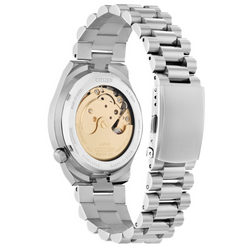 A Citizen Tsuyosa automatic watch with a red dial and silver stainless steel bracelet, back profile