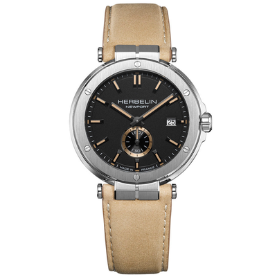 Herbelin Newport wristwatch with a black dial, silver-toned case, and a light tan leather strap, shown against a plain white background.