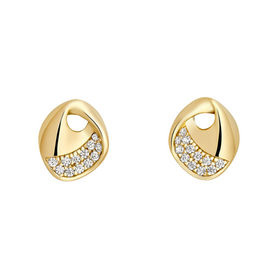 Gold earrings with diamond accents on a white background