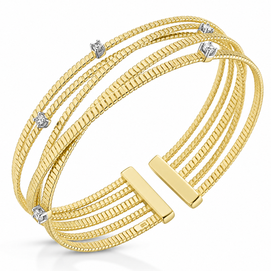 Gold CZ Ridged Cuff Bangle