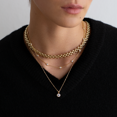 Gold Cubic Cubic Zirconia Solitaire Beaded Necklace