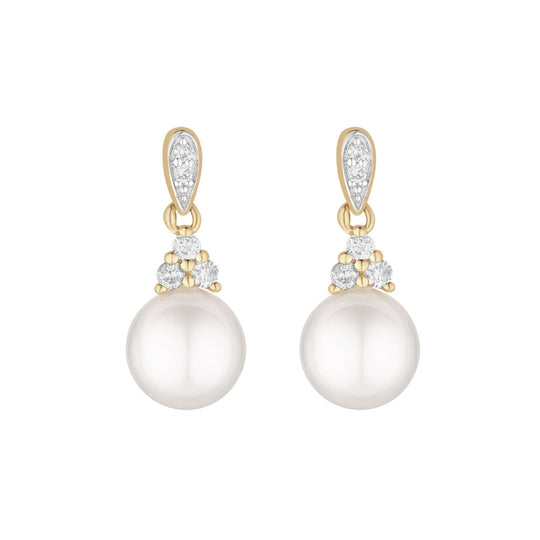 9ct Gold Diamond & Pearl Drop Earrings