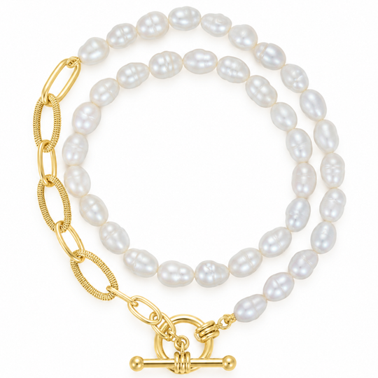 Gold Double Strand Pearl T-Bar Bracelet