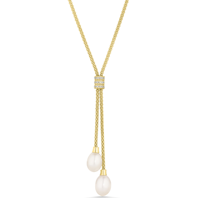 Gold necklace with a pearl pendant on a white background