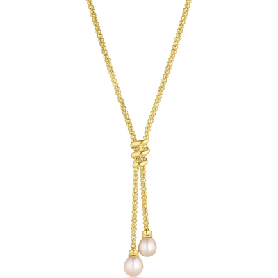 Gold necklace with pearl pendants on a white background