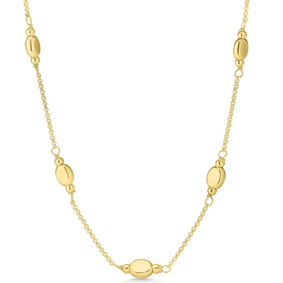 Gold necklace with round beads on a white background