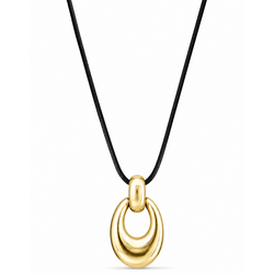 Gold necklace with a black cord on a white background