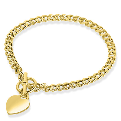 Gold chain bracelet with a heart-shaped charm on a white background