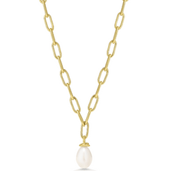 Gold chain necklace with a pearl pendant on a white background