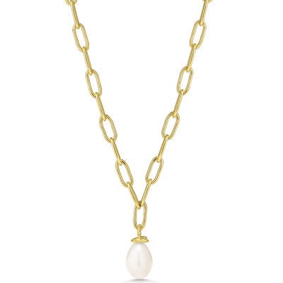 Gold chain necklace with a pearl pendant on a white background