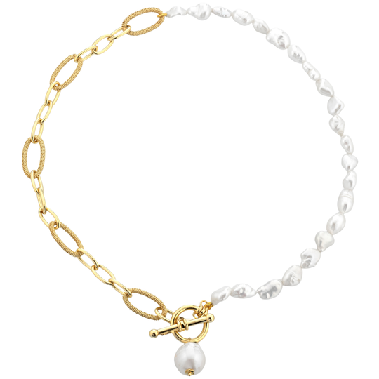 Gold Pearl T Bar Duo Necklace