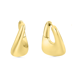 Gold sculptural hoop earrings on white background