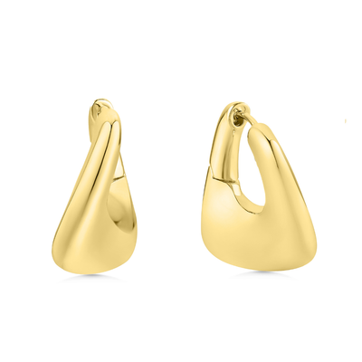 Gold sculptural hoop earrings on white background