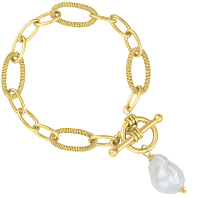 Gold chain bracelet with a pearl charm on a white background