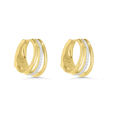 Gold hoop earrings with embedded diamonds on a white background