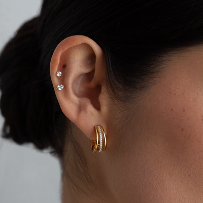 Gold Triple Row CZ Hoops