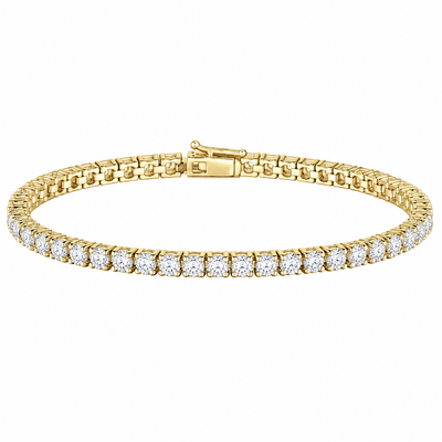 A yellow gold tennis bracelet featuring a single row of round-cut clear gemstones in a classic link chain design, shown against a plain white background.