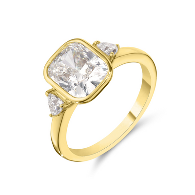 18ct yellow gold cushion cut diamond ring with trillion side stones