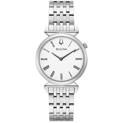 A Bulova women's analog watch with a silver stainless steel link bracelet, a silver round case, and a clean white dial with black Roman numerals and hands.