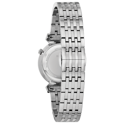 Silver stainless steel watch with a multi-link bracelet, shown from the back to display the case and strap details against a white background.